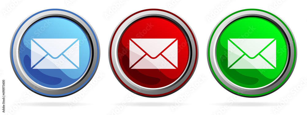 Email icon. Envelope Mail services. Blue, Red and Green silver metallic web buttons. Email icon. Envelope Mail services. Blue, Red and Green silver metallic web buttons.