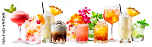 Set and collection of classic alcohol cocktails or mocktail isolated on white background with fresh summer fruits