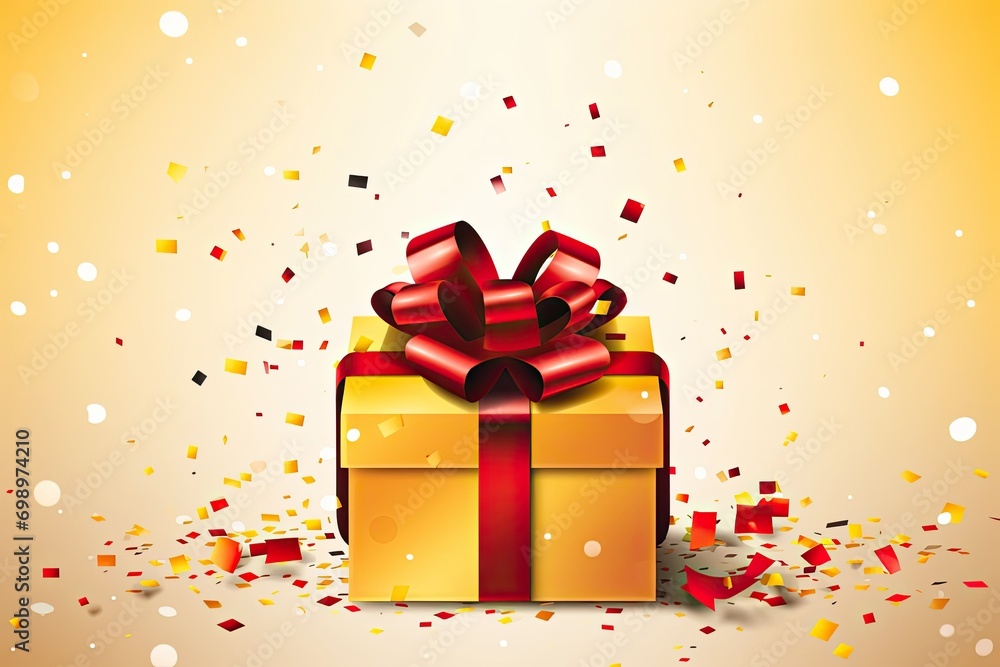 Yellow present box with colorful ribbons, confetti, ribbons Yellow present box with colorful ribbons, confetti, ribbons