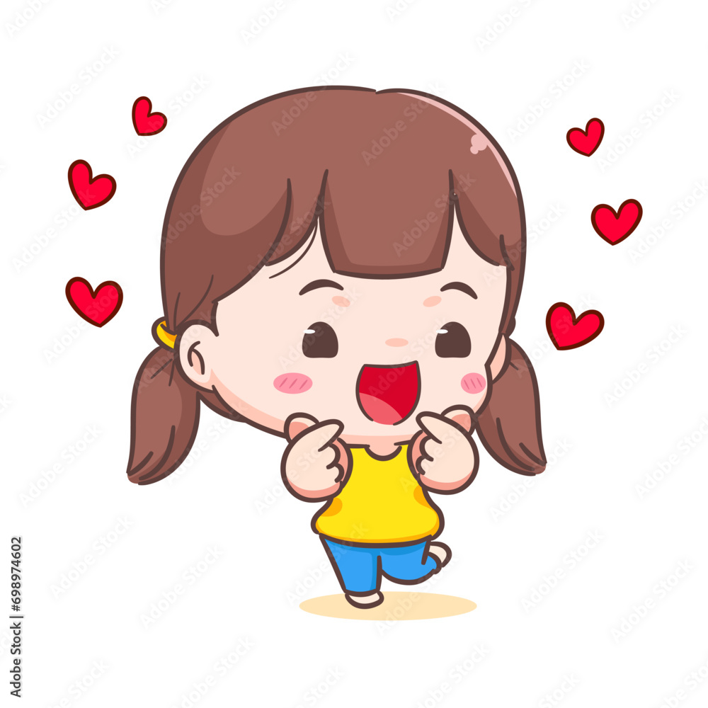 Cute girl posing love finger sign cartoon character. People expression concept design. adorable chibi vector style. Isolated white background Cute girl posing love finger sign cartoon character. People expression concept design. adorable chibi vector style. Isolated white background