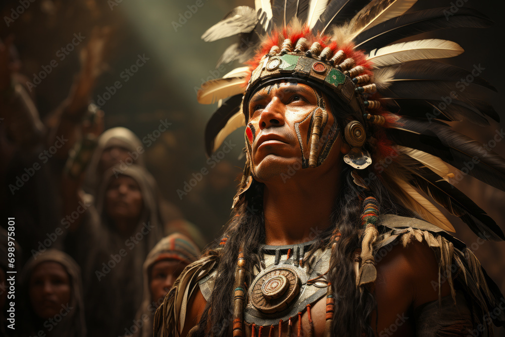 Portrait of a Man dressed like Moctezuma the historic aztec general