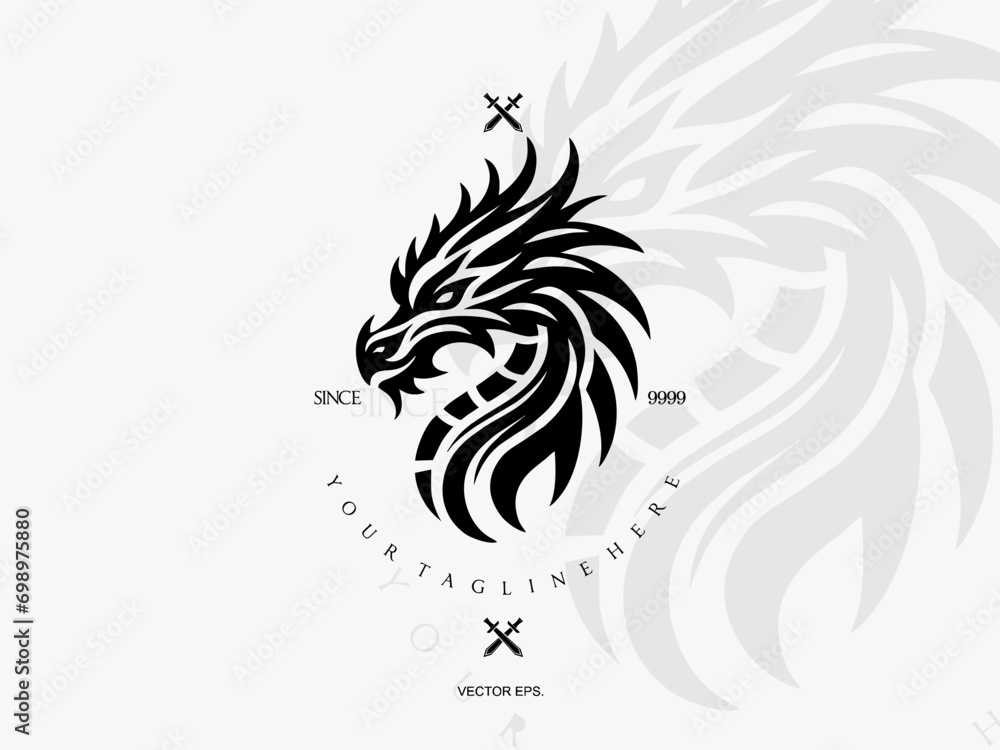 Obraz premium dragon logo vector illustration, detailed and bold with a black and white silhouette