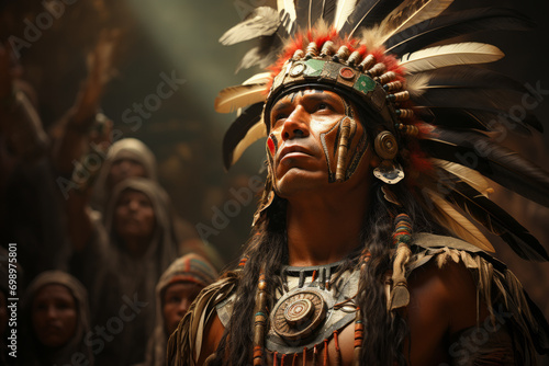 Portrait of a Man dressed like Moctezuma the historic aztec general photo