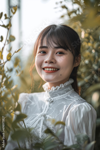 A Beautiful Chinese Girl Stands Happily, Wearing a Gray and White High-Collar Dress, Smiling Brightly, Gazing at the Camera Against a Luminous White Background A Portrait Capturing High Details