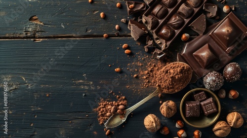 Handmade chocolate with hazelnuts, dark chocolate pieces, cocoa in a vintage spoon, chocolate truffles on a dark wooden background top view. Chocolate variety concept