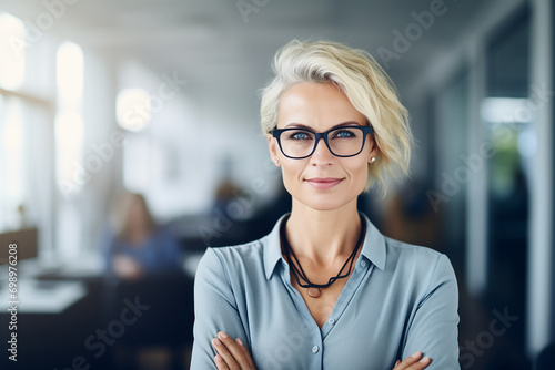 Portrait of successful and happy businesswoman, office worker smiling and looking at camera with crossed arms, working inside modern office.