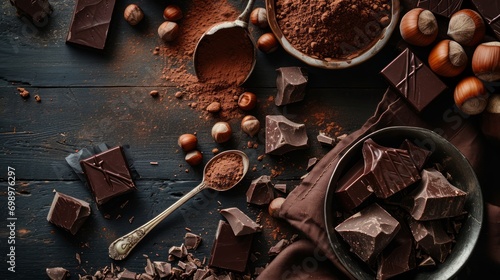 Handmade chocolate with hazelnuts, dark chocolate pieces, cocoa in a vintage spoon, chocolate truffles on a dark wooden background top view. Chocolate variety concept