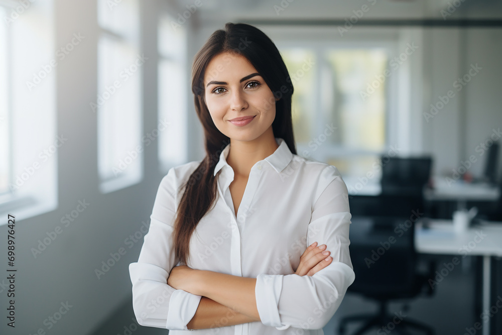 Portrait of successful and happy businesswoman, office worker smiling and looking at camera with crossed arms, working inside modern office. Portrait of successful and happy businesswoman, office worker smiling and looking at camera with crossed arms, working inside modern office.