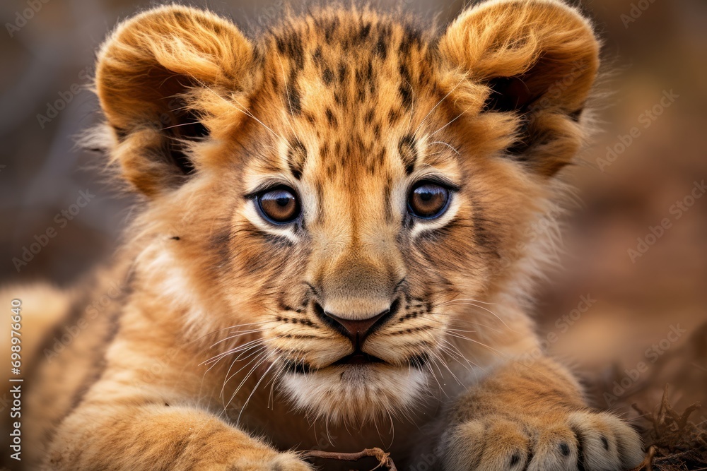 Fototapeta premium Small Lion cub. Young mammal leo. Generate Ai