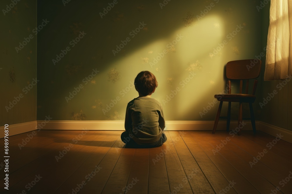 Contemplative Little boy sitting alone. Home room. Generate Ai Contemplative Little boy sitting alone. Home room. Generate Ai