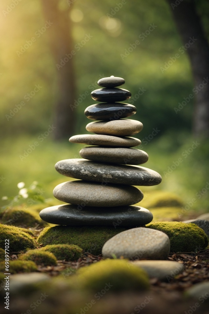 Stacked stones on the background of a mountain river. Zen concept Stacked stones on the background of a mountain river. Zen concept