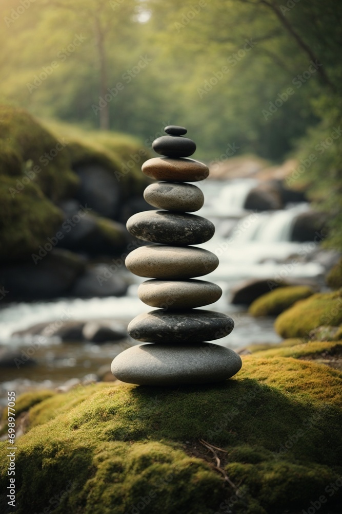 Stacked stones on the background of a mountain river. Zen concept