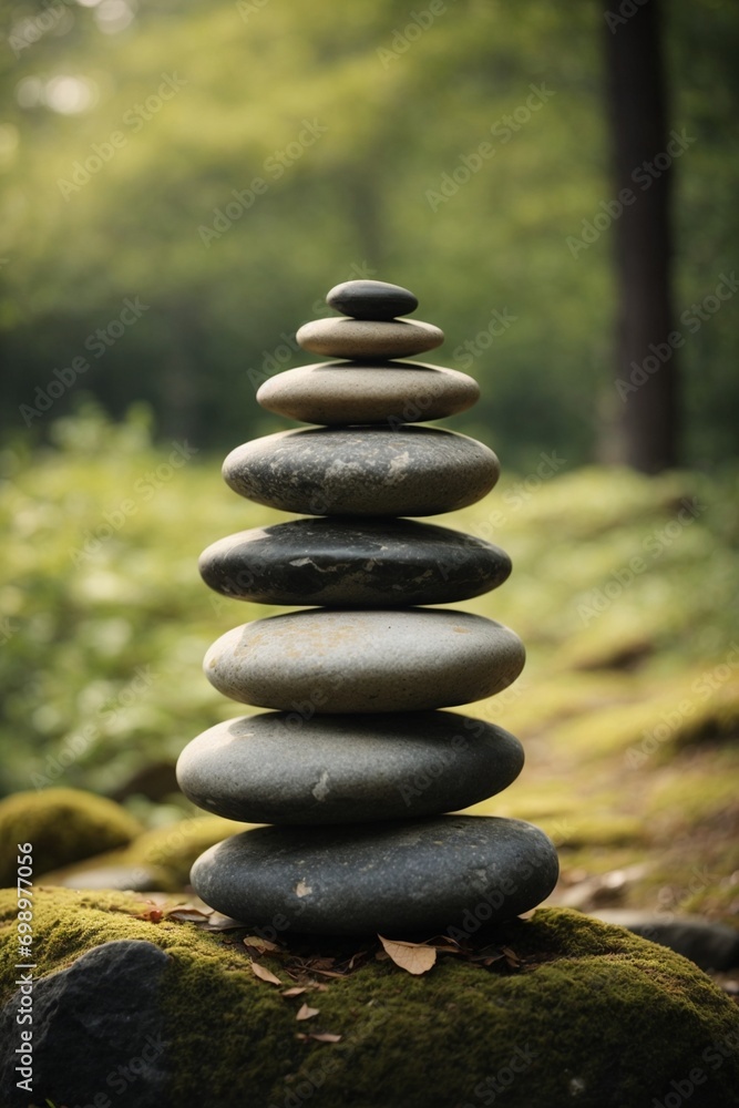 Stacked stones on the background of a mountain river. Zen concept Stacked stones on the background of a mountain river. Zen concept