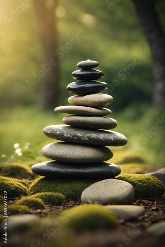 Stacked stones on the background of a mountain river. Zen concept