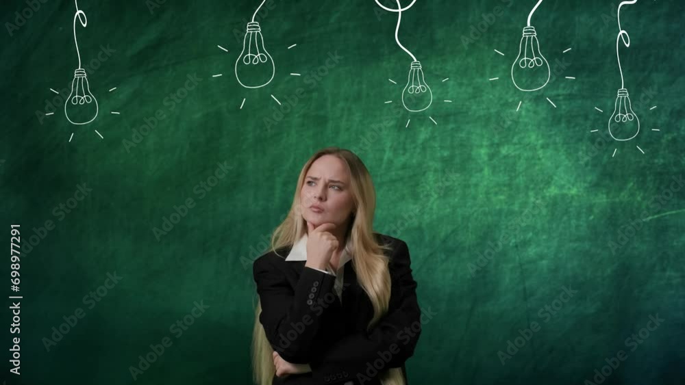 Portrait of woman isolated on green background light bulbs image on top. Girl standing thinking about ideas, wondering choosing best one, lamp lights up. Portrait of woman isolated on green background light bulbs image on top. Girl standing thinking about ideas, wondering choosing best one, lamp lights up.