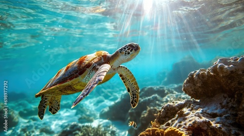 Close-up photography of a tortoise swimming in the ocean. 