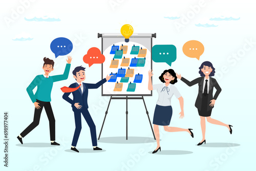 Business people in workshop meeting room with whiteboard and sticky notes, workshop, business discussion, meeting, brainstorm new idea, training course class, Q and A, question and answer (Vector)