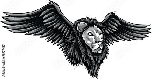 monochromatic lion head winged on white background