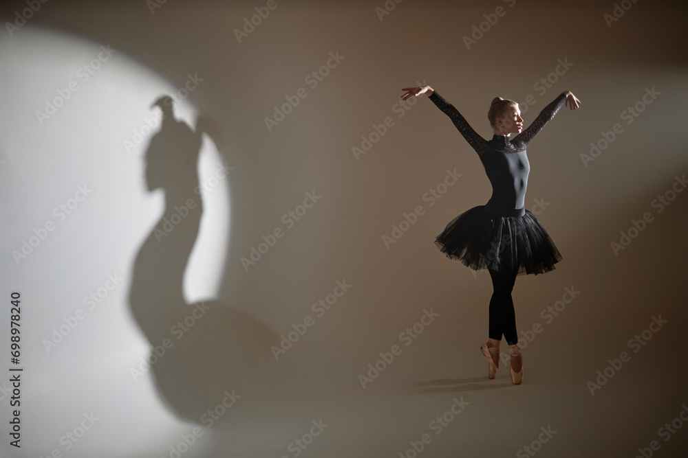 Wide shot of ballerina dancing in empty studio, her shadow cast on wall on left Wide shot of ballerina dancing in empty studio, her shadow cast on wall on left