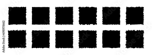 Rectangles paper with roughly torn edges. Jagged geometric shapes for stickers, tags and labels. Isolated vector illustration on white background.