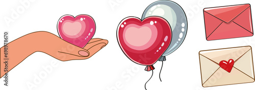 Heart in the palm, Two Air helium balloons, Silver and pink,  closed envelope letter, mail letter red and white. Set of Holiday design element for Valentine's Day, Mother's day, birthday, wedding, adv