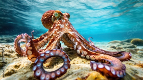 An octopus swims in the sea. Close-up octopus photography 