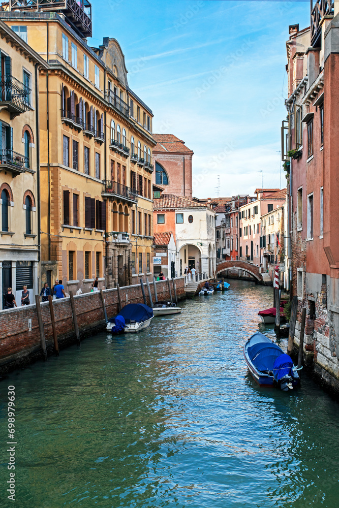 Beautiful Venetian canal in Venice in September 2023. Travel and tourism