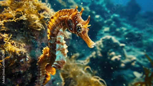 A seahorse swims in the sea. Close-up seahorse photography 