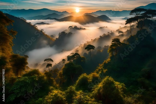 Beautiful Landscape of mountain layer in morning sun ray and winter fog at Doi Hua Mae Kham, Mae Salong Nai, Chiangrai, Thailand- photo
