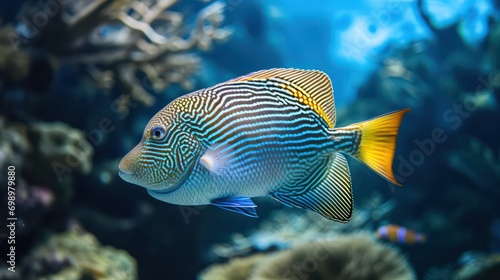 Close-up photography of a beautiful ornamental fish swimming in the sea. 