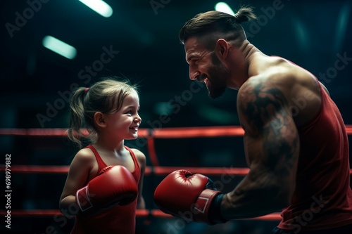 Focused Little girl training with coach in boxing ring in evening. Sport boxer trainer beat classes. Generate Ai