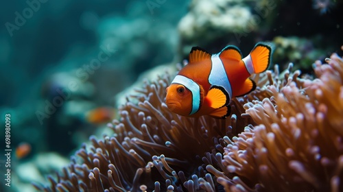 Close-up photography of a clownfish swimming in the sea. 