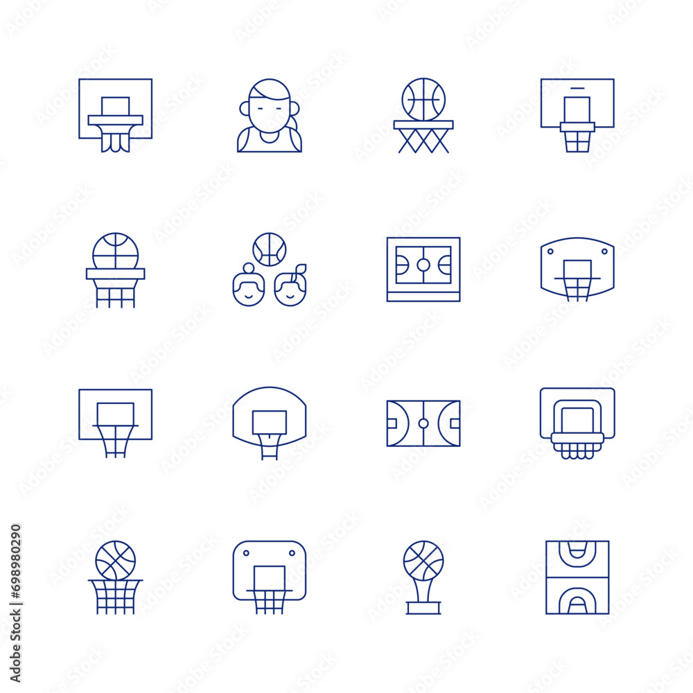 Basketball line icon set on transparent background with editable stroke. Containing basket, basketball, basketball court, basketball award, basketball player, backboard.