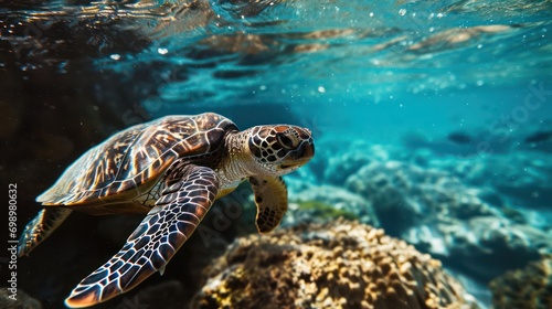 A close view of a tortoise in its natural habitat, gracefully swimming in the ocean.