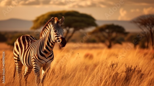 A zebra grazing in the golden light of the African savannah