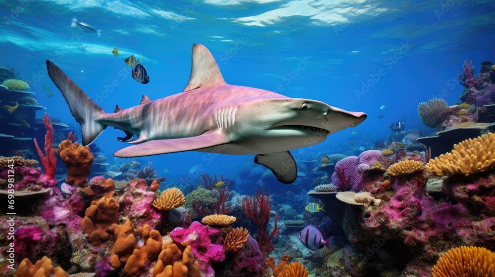 Fototapeta premium A hammerhead shark patrolling a tropical reef