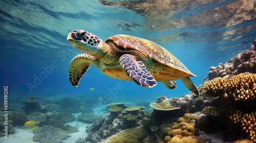 A majestic sea turtle gliding through crystal-clear ocean waters