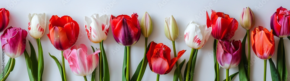 A vibrant red lady tulip stands tall amidst a group of delicate tulips on a white surface, symbolizing the beauty and rebirth of spring - obrazy, fototapety, plakaty 