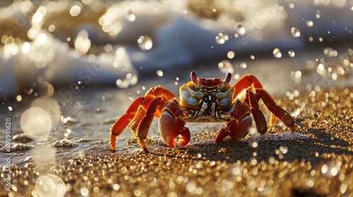 Beachside beauty: A close-up photograph of a gorgeous crab. 