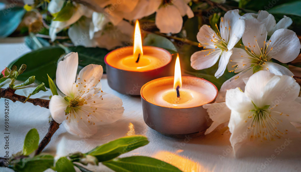 Illuminated candles amidst blooming white flowers, evoking a serene and mystical ambiance Illuminated candles amidst blooming white flowers, evoking a serene and mystical ambiance