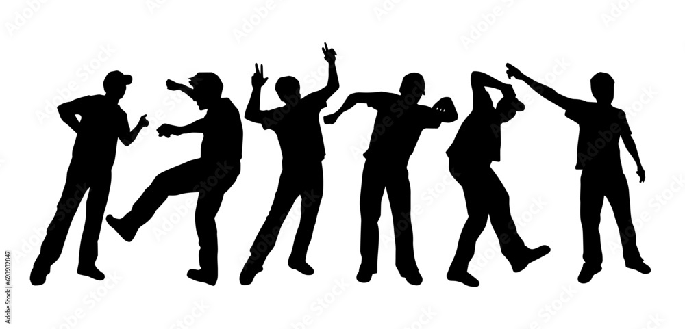 Silhouette of a male dancer in action pose. Silhouette of a slim man in dancing pose. Silhouette of a male dancer in action pose. Silhouette of a slim man in dancing pose.