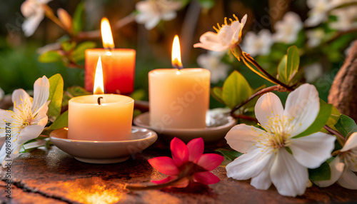 Candles glow amid blooming flowers  casting a serene and magical ambiance.