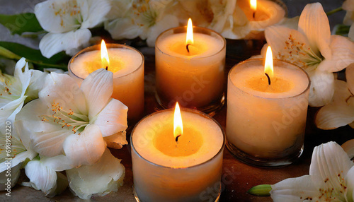 A serene setting of lit candles surrounded by delicate white flowers  ideal for relaxation and decor themes