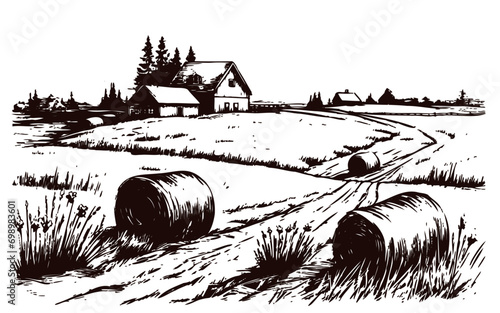 Landscape of a farm on a field with haystacks sketch hand drawn Vector Farming