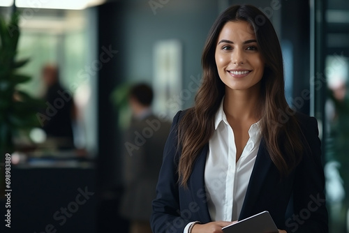 Portrait of successful and happy businesswoman, office worker smiling and looking at camera, working inside modern office.