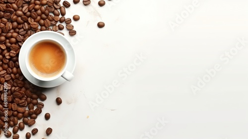 Cup of Coffee with Coffee Beans on Minimalist Background, Copy Space. Presentation, Drink 