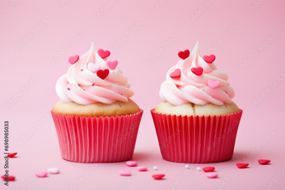 Valentines Day two cupcakes with whipped cream decorated sprinkles and red hearts on pink bokeh background. Copy space. Greeting card.