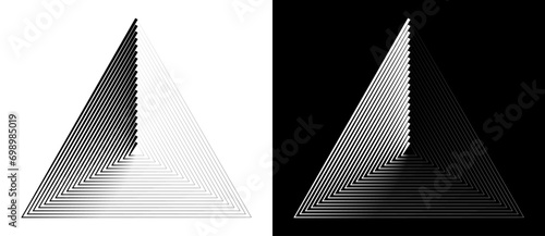 Geometric triangle shape with lines as modern design element, logo or icon. Black shape on a white background and the same white shape on the black side.