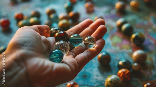 close up a person holding a glass marble balls in the earth map