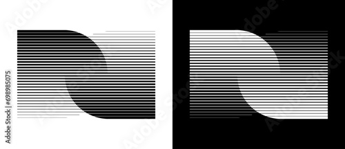 Transition in two semicircles with parallel lines. Abstract art geometric background for logo, icon, tattoo. Black shape on a white background and the same white shape on the black side. photo